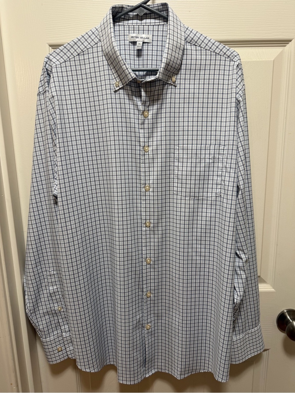 Peter Millar White Button-Down Shirt with Blue Windowpane Check